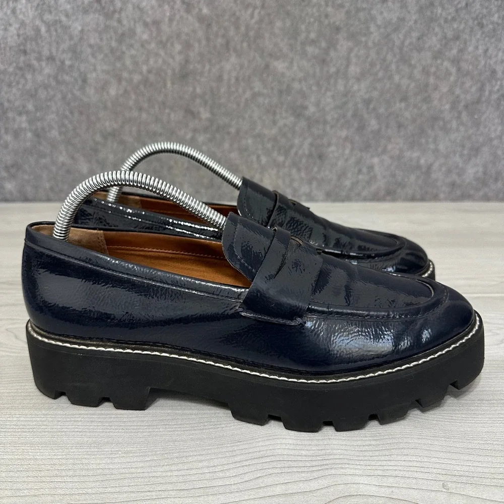 Franco Sarto Balin Lug Sole Loafers Womens 10 Navy Patent Chunky Platform‎